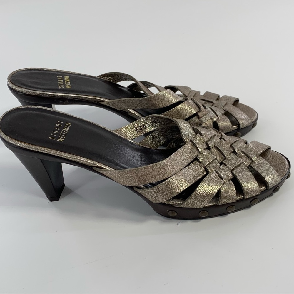 Stuart Weitzman Metallic Basket Weave Studded Mule Slide On Heel Sandal